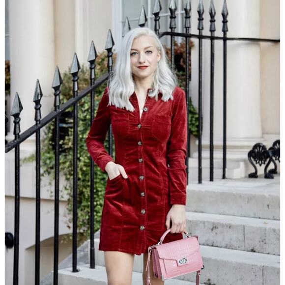 Zara Corduroy Button Down Long Sleeve Shirt Dress Red Blogger Fave Size Small - Picture 9 of 9